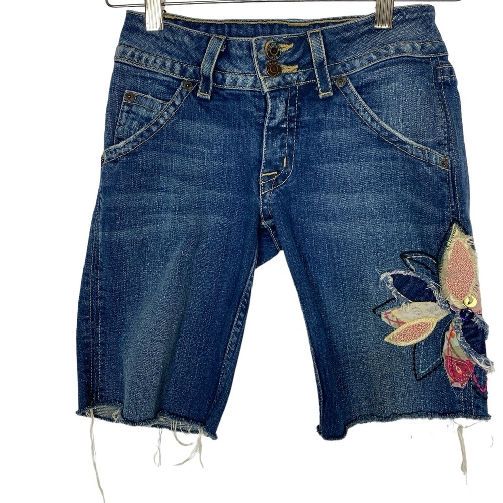 Hudson Jeans Blue Jean Shorts with Floral Patch